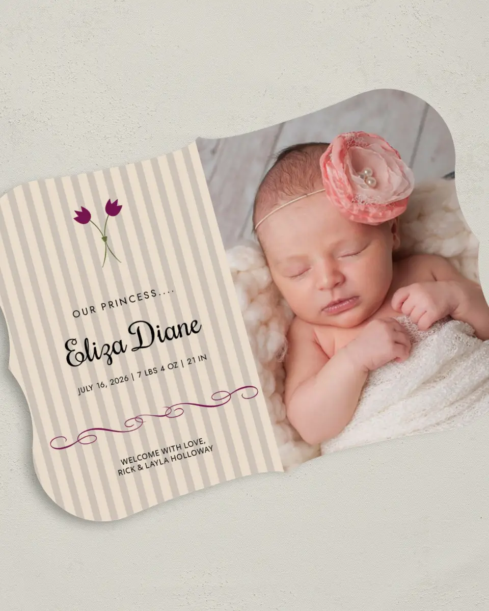 This is a 5" x 7" Birth Announcement Card called Charming Tulip printed in full color on Premium Smooth paper