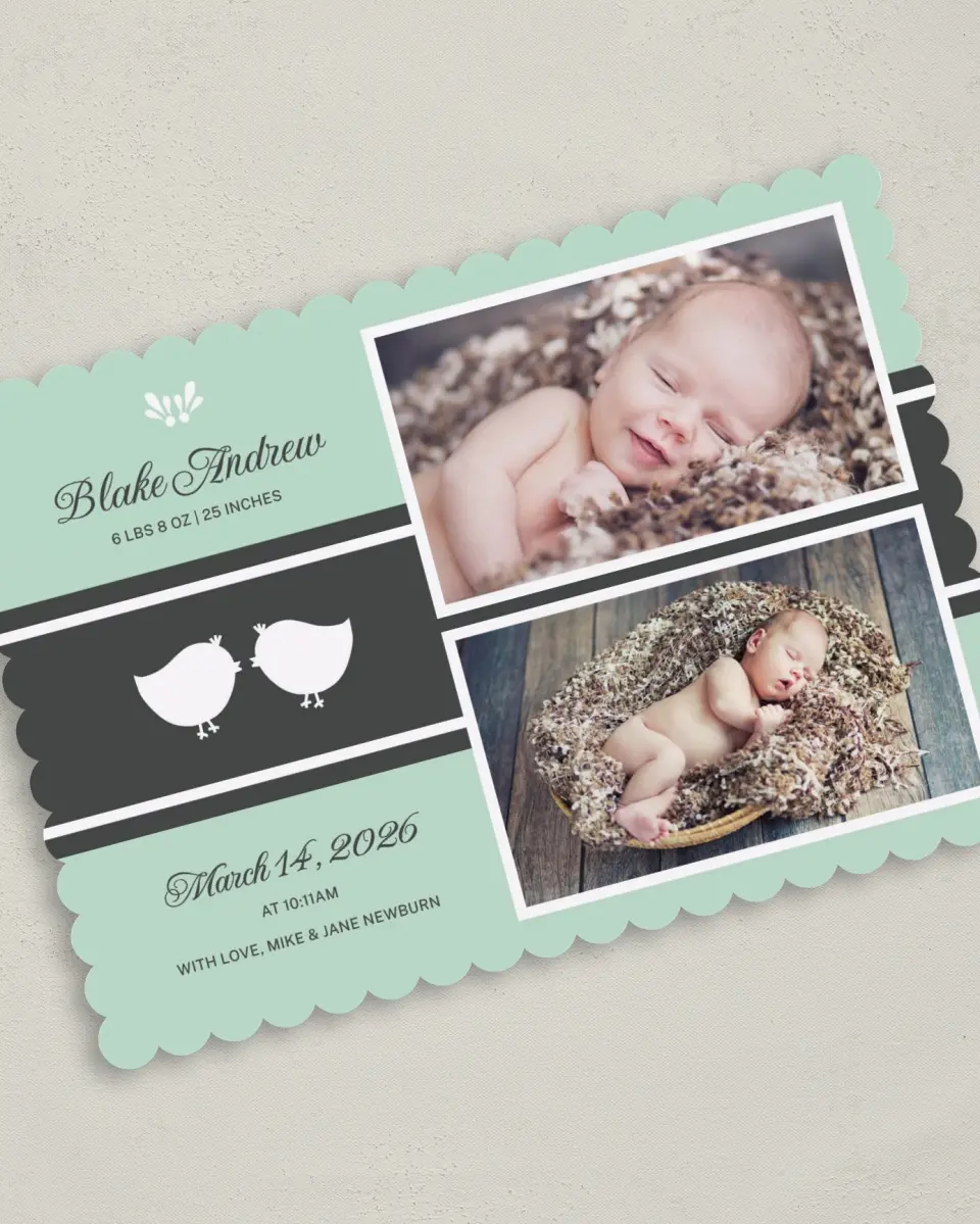 This is a 5" x 7" Birth Announcement Card called Pretty Birds printed in full color on Premium Smooth paper