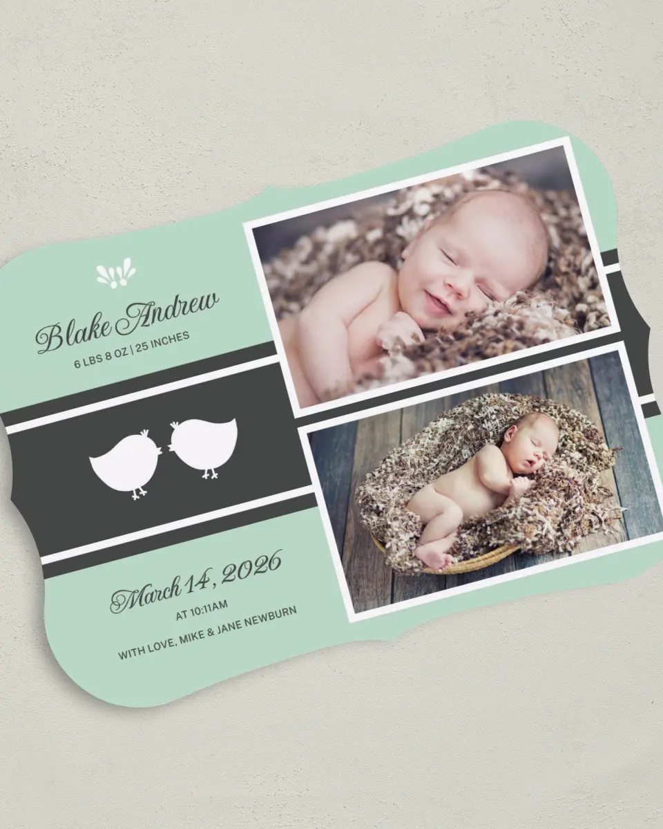 This is a 5" x 7" Birth Announcement Card called Pretty Birds printed in full color on Premium Smooth paper