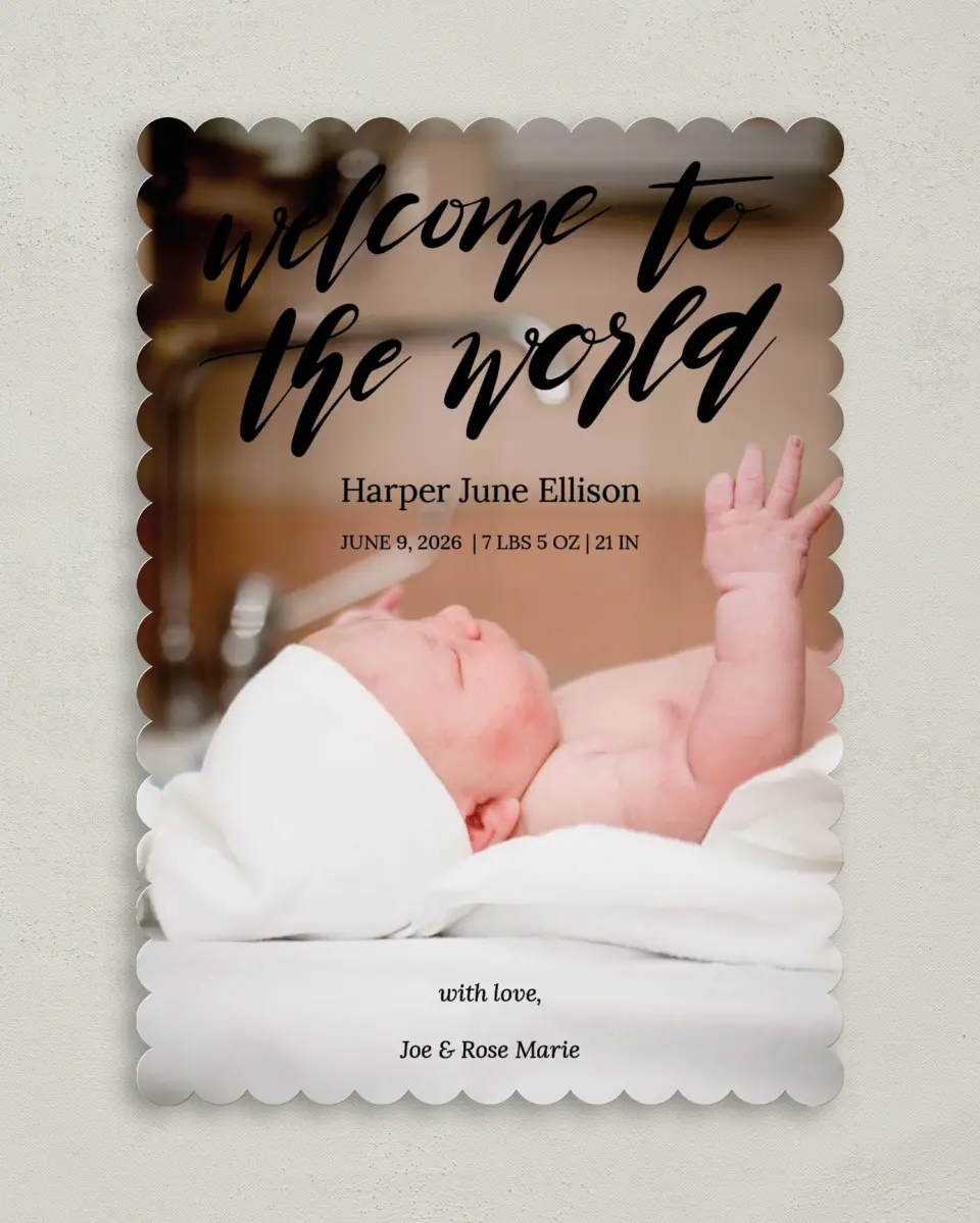 This is a 5" x 7" Birth Announcement Card called Welcome World printed in full color with Gold foil on Premium Smooth paper
