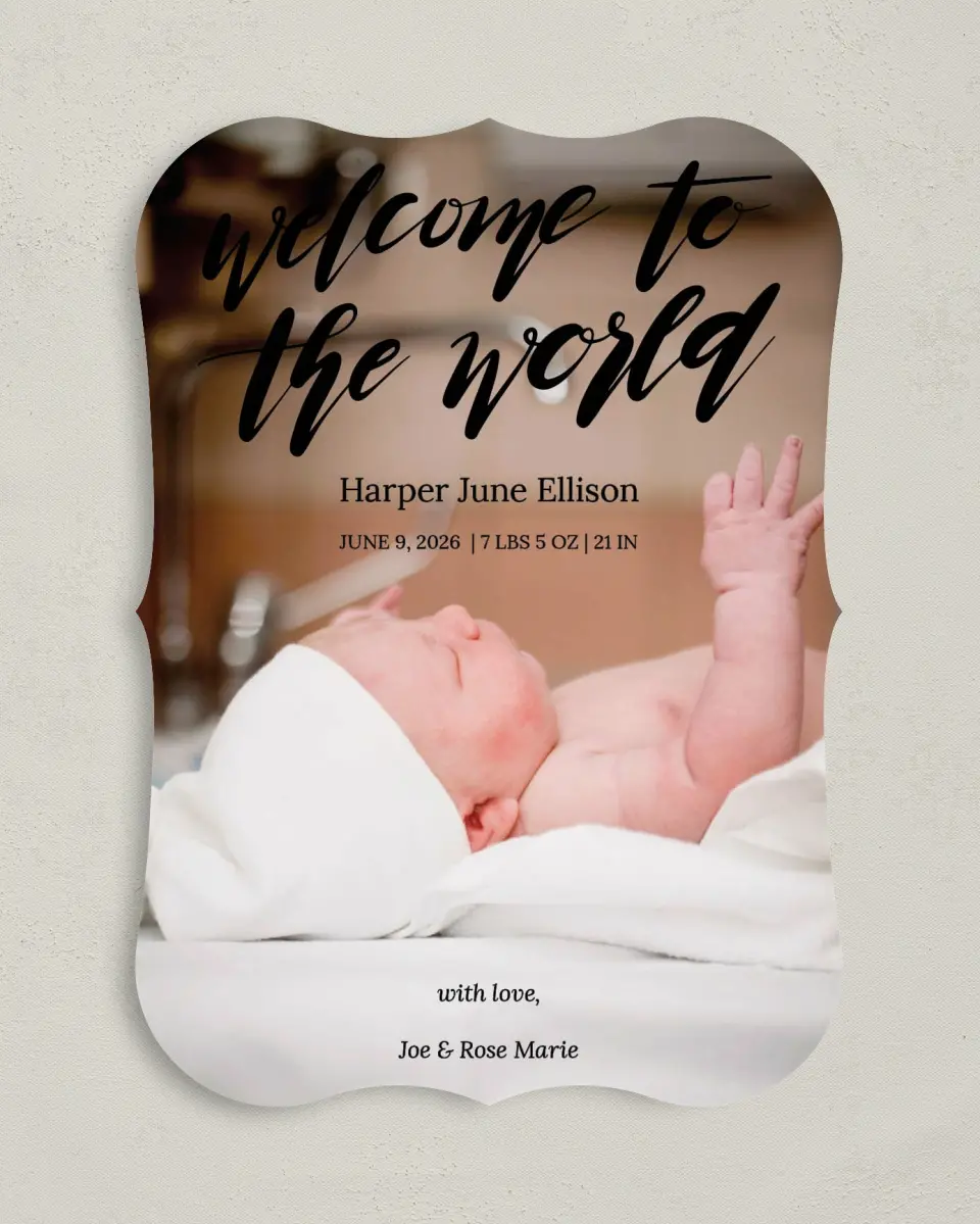 This is a 5" x 7" Birth Announcement Card called Welcome World printed in full color with Gold foil on Premium Smooth paper