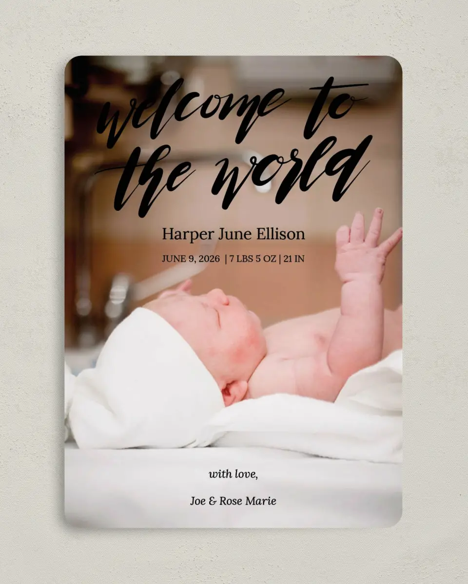 This is a 5" x 7" Birth Announcement Card called Welcome World printed in full color with Gold foil on Premium Smooth paper