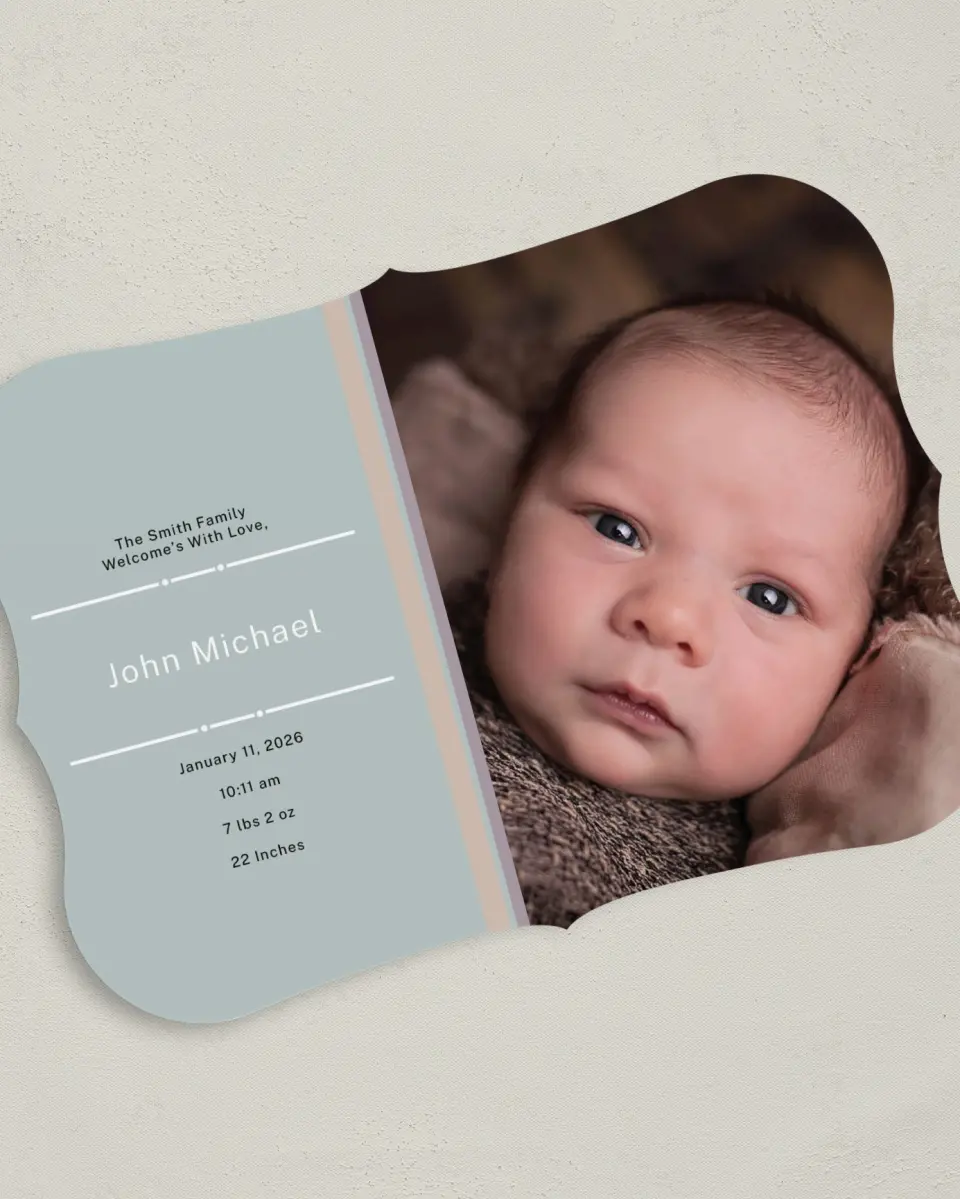 This is a 5" x 7" Birth Announcement Card called Proud Introduction printed in full color on Premium Smooth paper