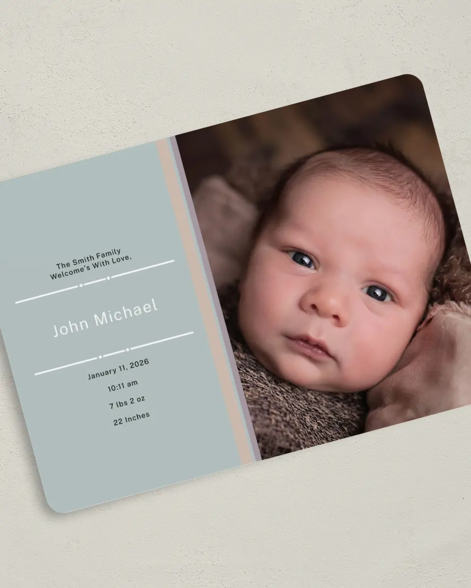 This is a 5" x 7" Birth Announcement Card called Proud Introduction printed in full color with Silver foil on Luxe Satin (coated) paper