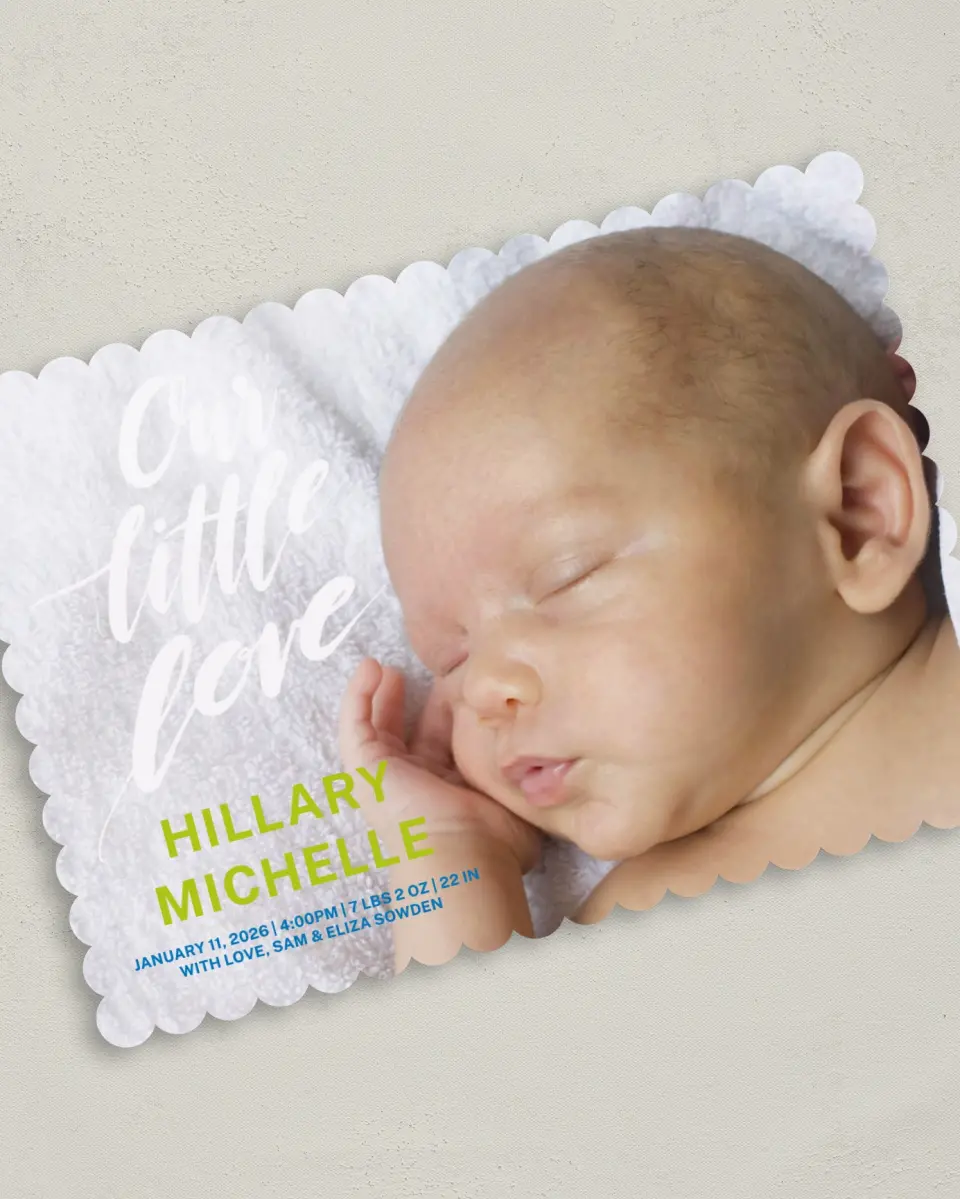This is a 5" x 7" Birth Announcement Card called Baby Buds printed in full color on Premium Smooth paper