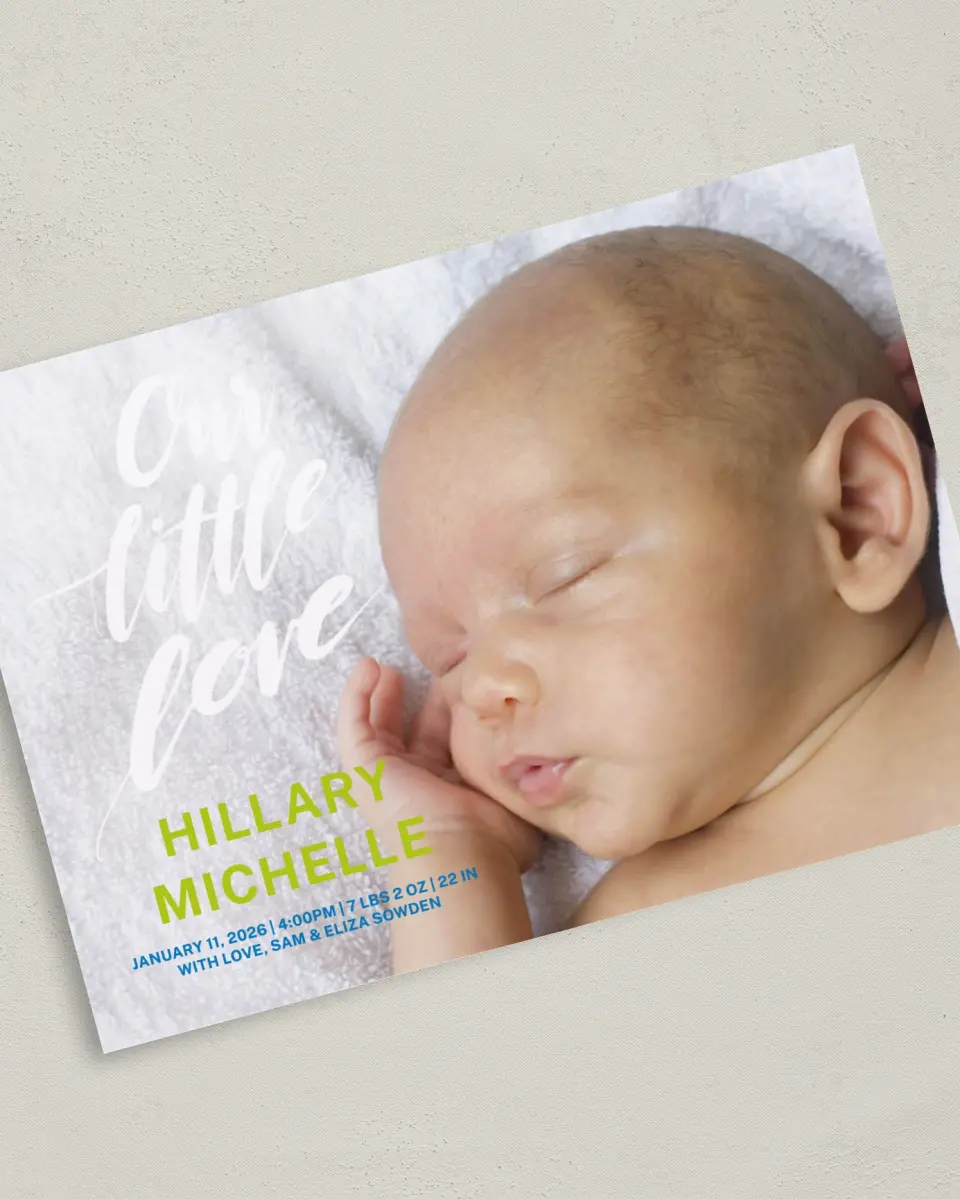 This is a 5" x 7" Birth Announcement Card called Baby Buds printed in full color on Premium Smooth paper