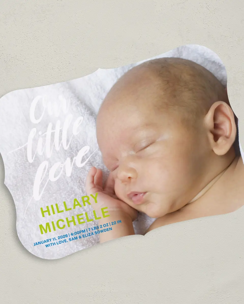 This is a 5" x 7" Birth Announcement Card called Baby Buds printed in full color on Premium Smooth paper