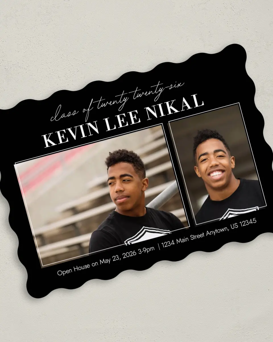 This is a 5" x 7" Graduation Announcement Card called Shining Moment printed in full color with Silver foil on Luxe Satin (coated) paper