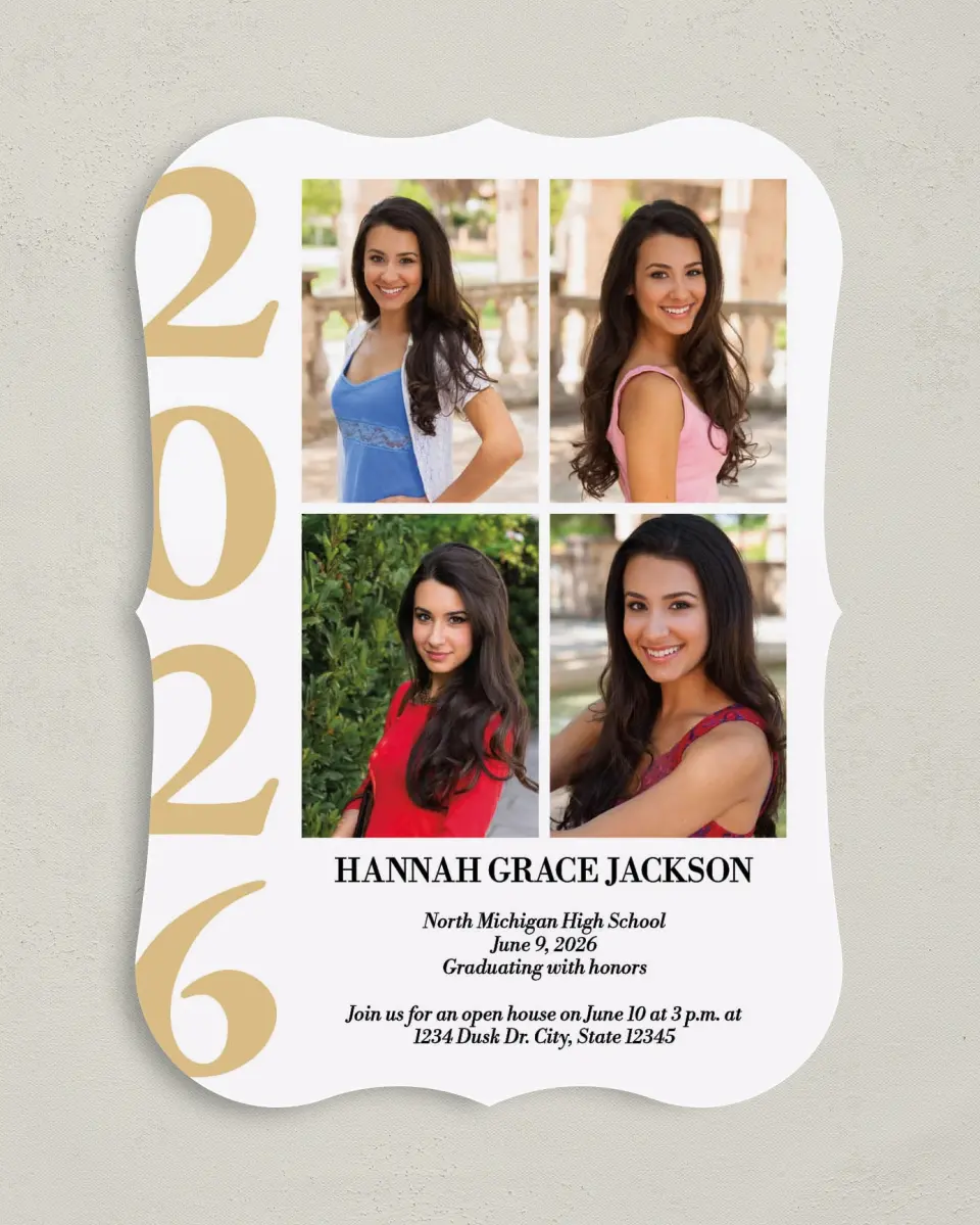 This is a 5" x 7" Graduation Announcement Card called Bright Class printed in full color on Premium Smooth paper