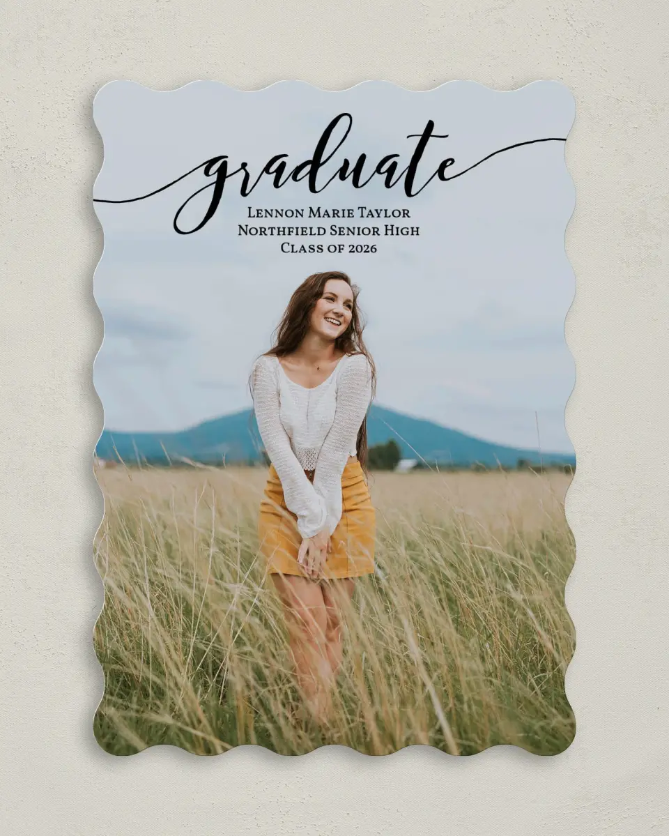 This is a 5" x 7" Graduation Announcement Card called Scripted Graduate printed in full color with Silver foil on Luxe Satin (coated) paper