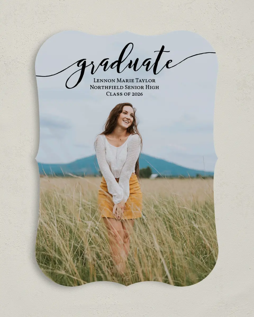 This is a 5" x 7" Graduation Announcement Card called Scripted Graduate printed in full color on Premium Smooth paper