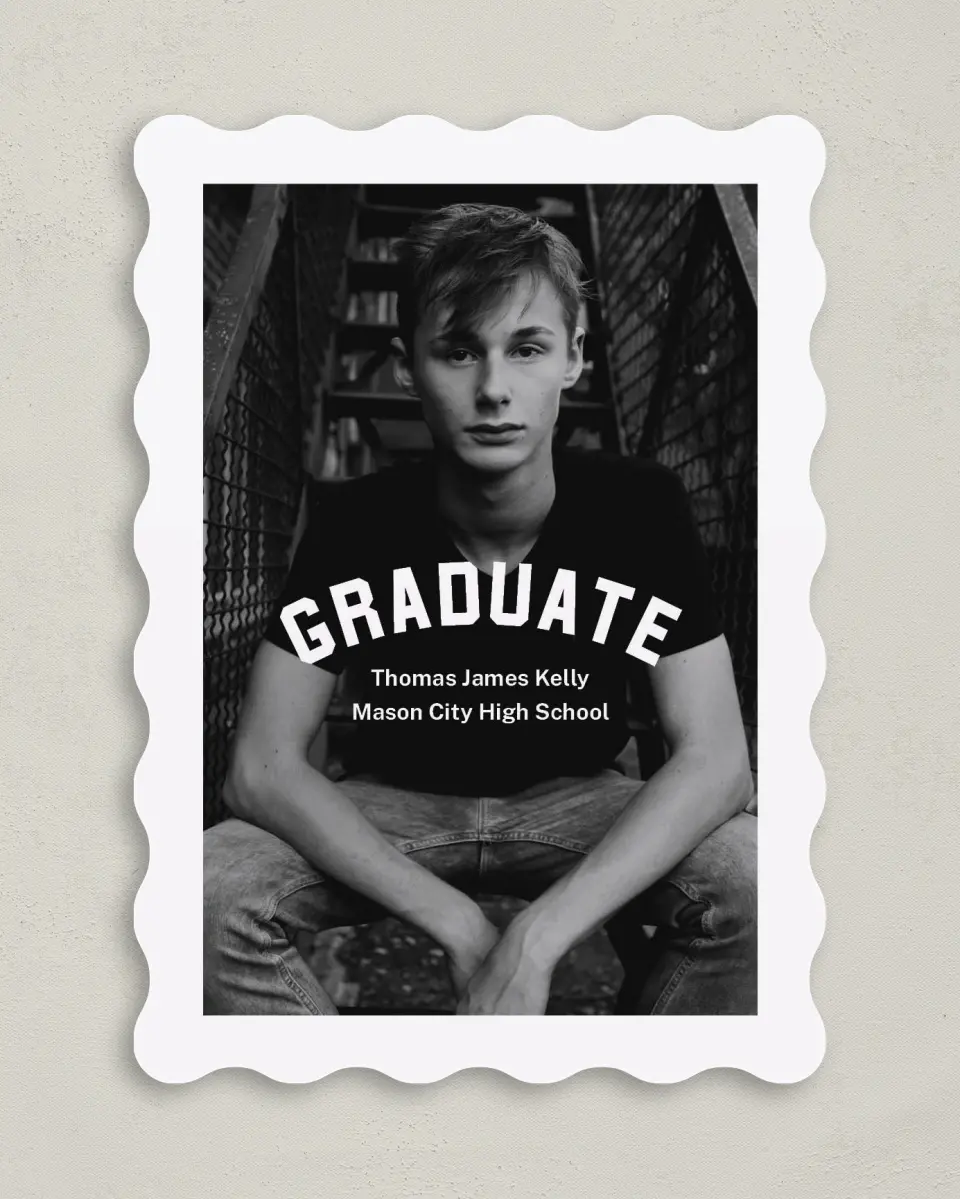 This is a 5" x 7" Graduation Announcement Card called Class Congrats printed in full color with Rose Gold foil on Luxe Satin (coated) paper