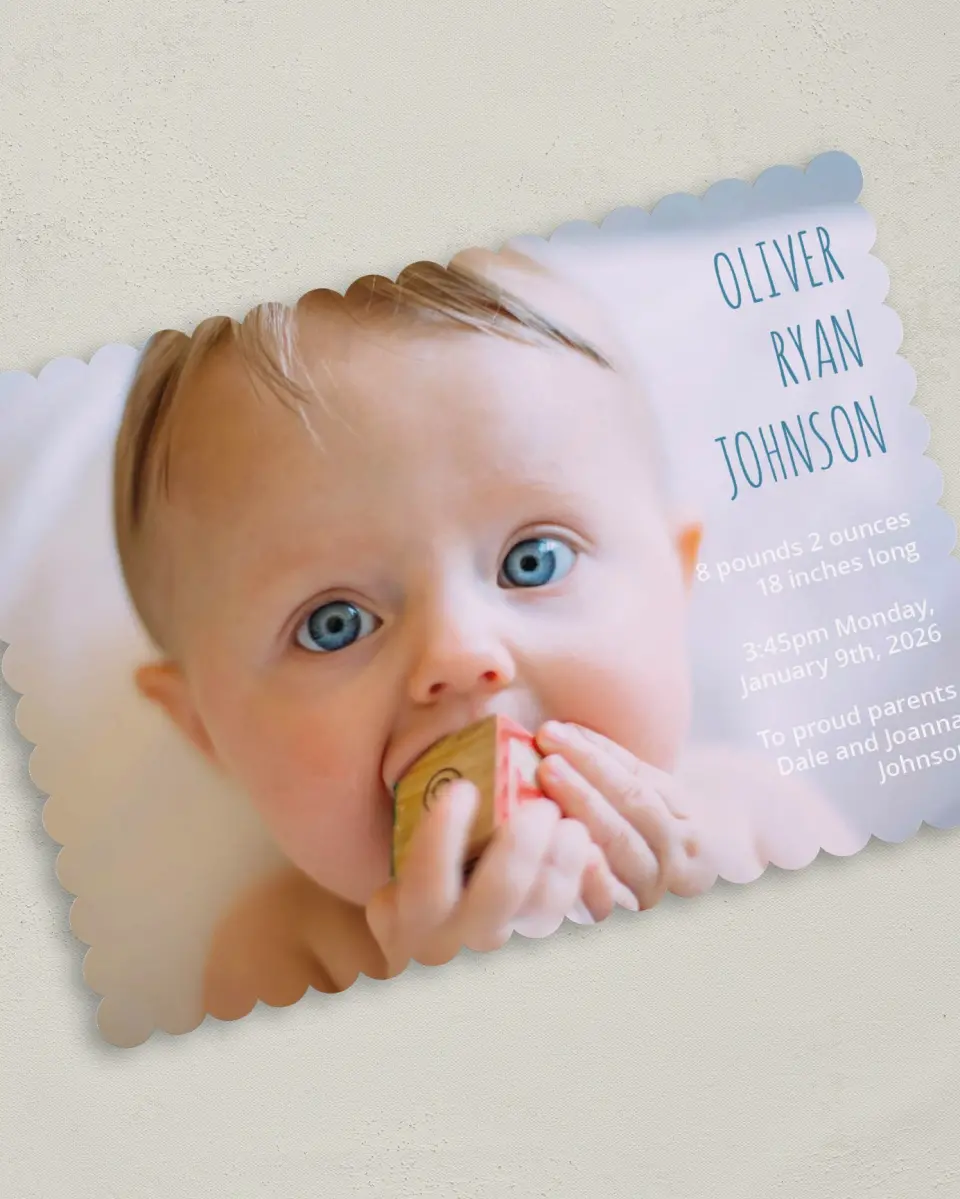 This is a 5" x 7" Birth Announcement Card called Starry Sweetness printed in full color on Premium Smooth paper