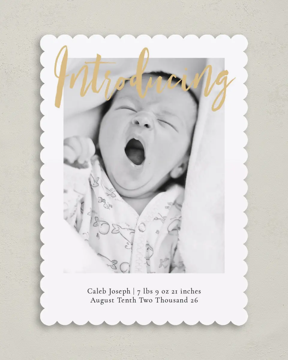 This is a 5" x 7" Birth Announcement Card called Glowing Intro printed in full color on Premium Smooth paper