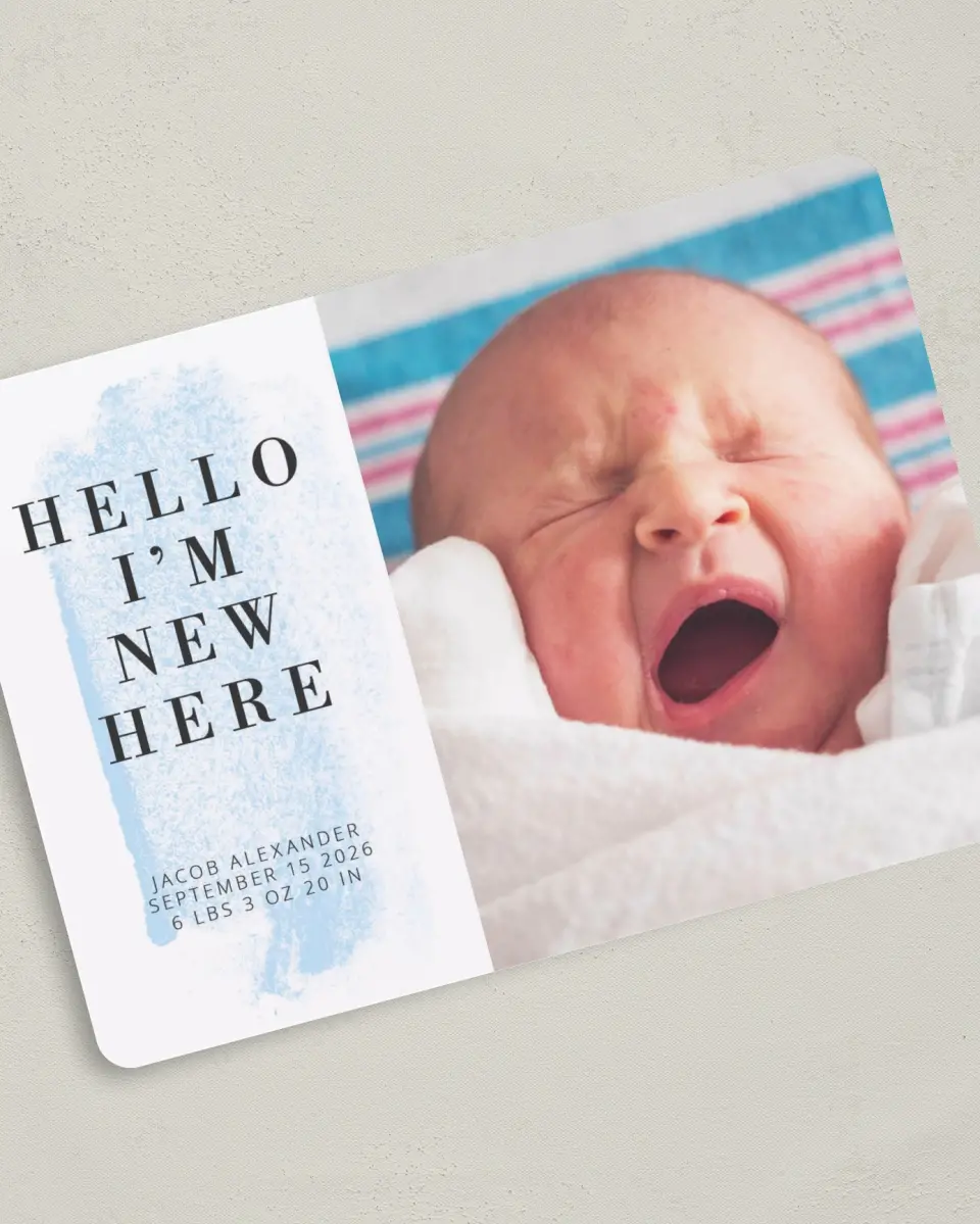 This is a 5" x 7" Birth Announcement Card called New Here printed in full color on Premium Smooth paper
