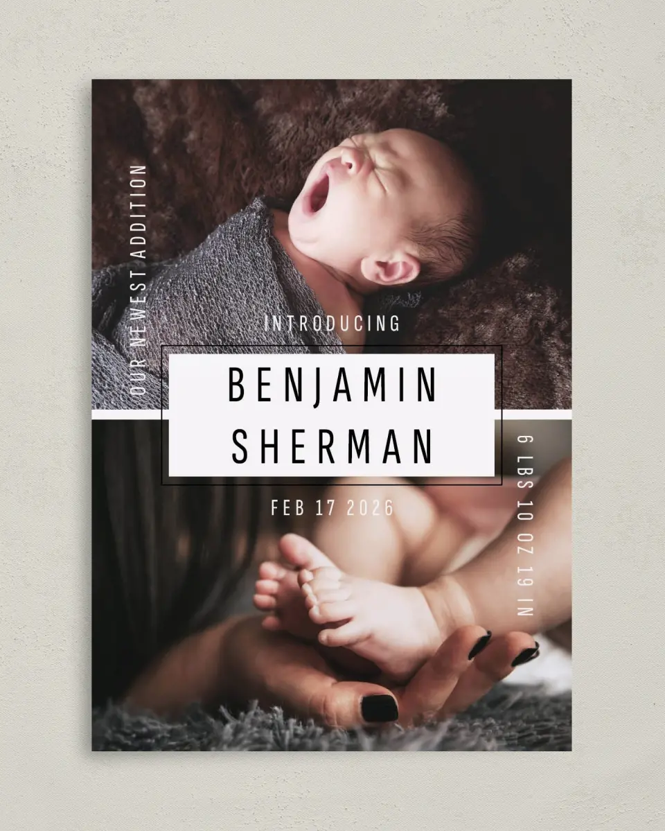 This is a 5" x 7" Birth Announcement Card called Newest Addition printed in full color with Silver foil on Luxe Satin (coated) paper