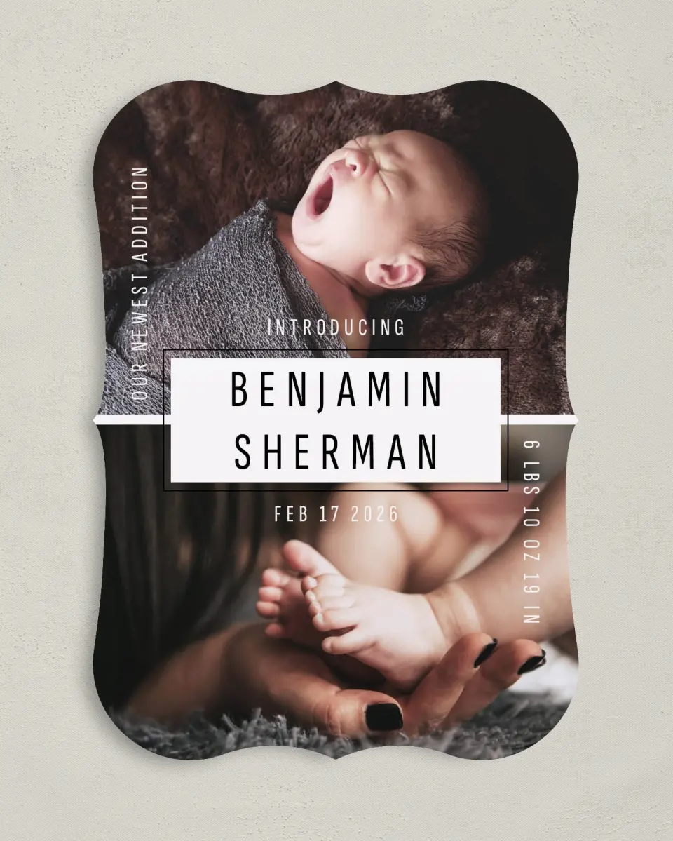 This is a 5" x 7" Birth Announcement Card called Newest Addition printed in full color on Premium Smooth paper