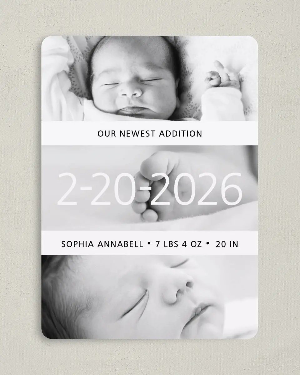 This is a 5" x 7" Birth Announcement Card called Baby Love printed in full color with Silver foil on Luxe Satin (coated) paper