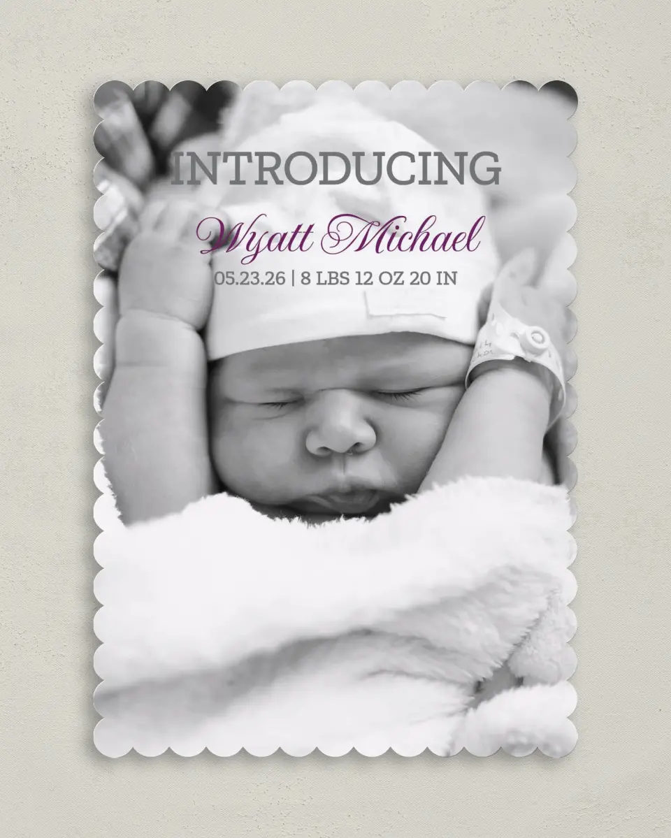 This is a 5" x 7" Birth Announcement Card called Grand Arrival printed in full color on Premium Smooth paper