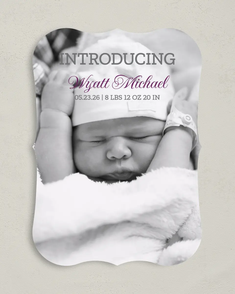 This is a 5" x 7" Birth Announcement Card called Grand Arrival printed in full color on Premium Smooth paper