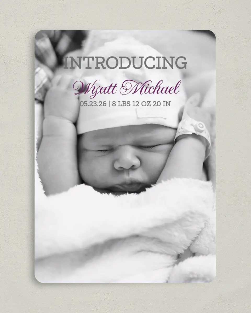 This is a 5" x 7" Birth Announcement Card called Grand Arrival printed in full color with Silver foil on Luxe Satin (coated) paper