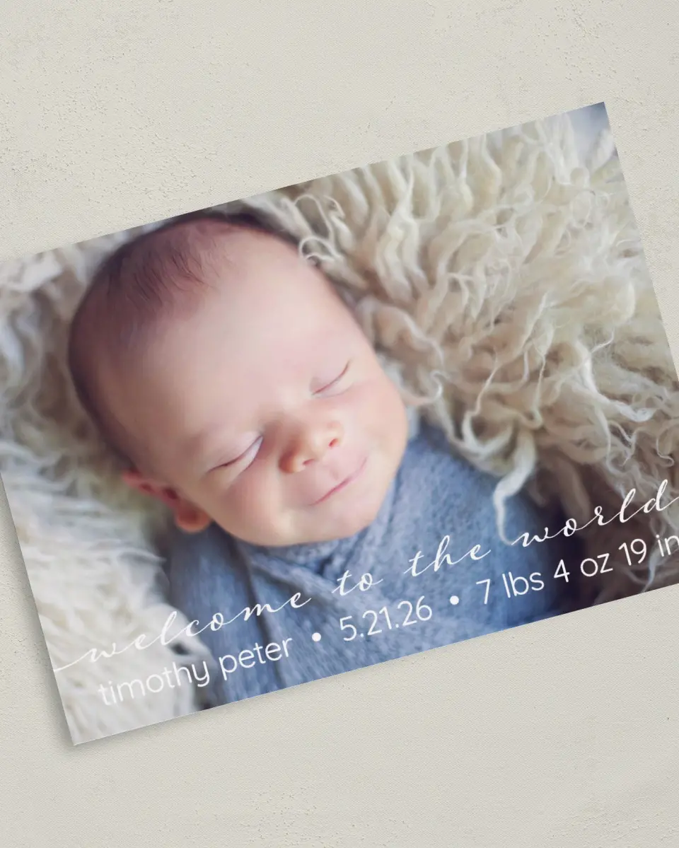 This is a 5" x 7" Birth Announcement Card called Welcome Sweetheart printed in full color on Premium Smooth paper