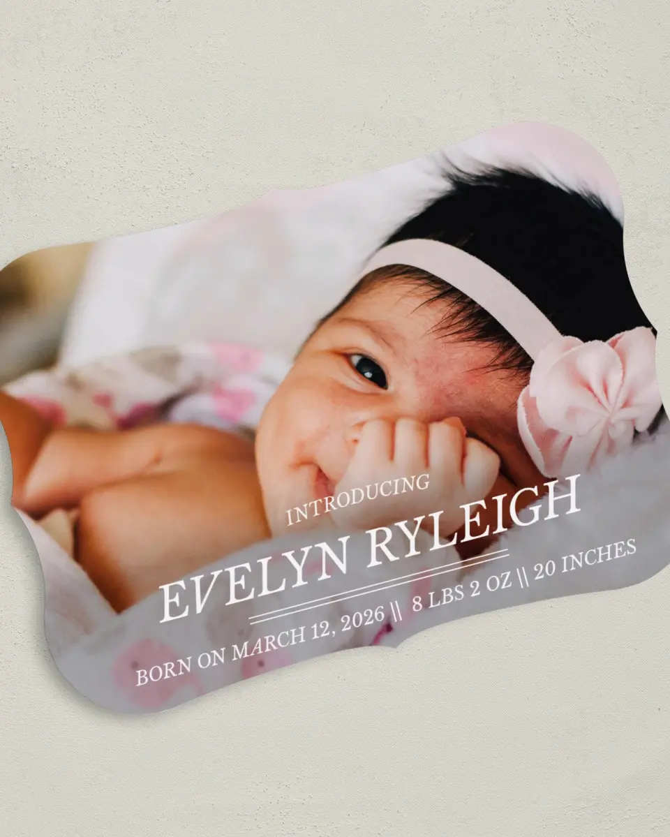 This is a 5" x 7" Birth Announcement Card called Fancy Introduction printed in full color on Premium Smooth paper
