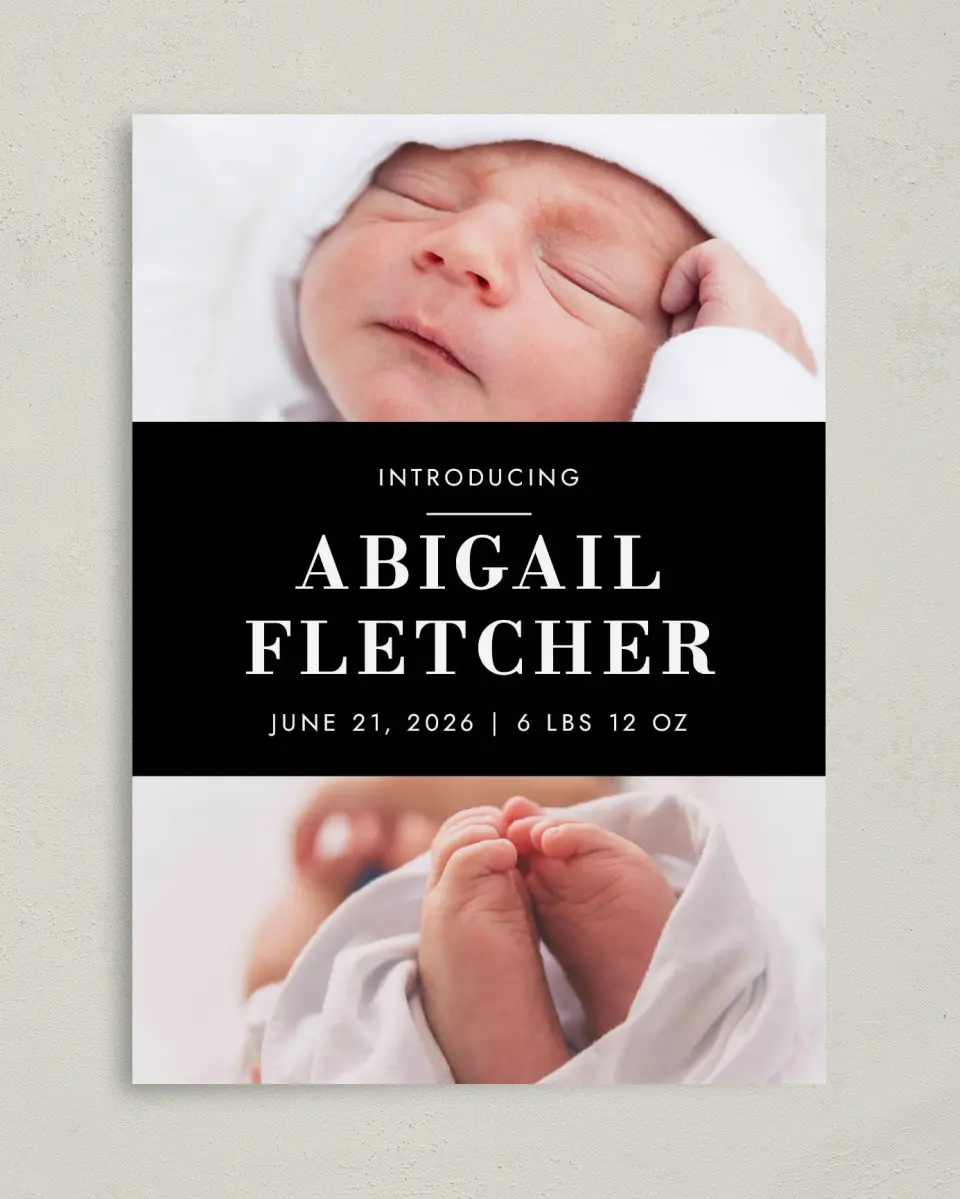 This is a 5" x 7" Birth Announcement Card called Heartfelt Welcome printed in full color with Silver foil on Luxe Satin (coated) paper