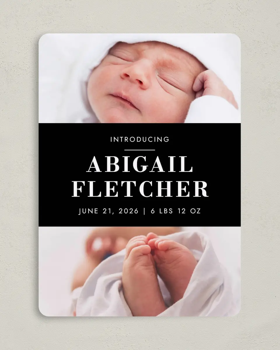 This is a 5" x 7" Birth Announcement Card called Heartfelt Welcome printed in full color with Silver foil on Luxe Satin (coated) paper
