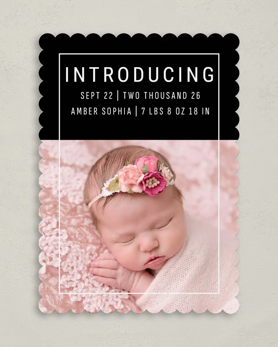 This is a 5" x 7" Birth Announcement Card called Boldly Adorable printed in full color on Premium Smooth paper