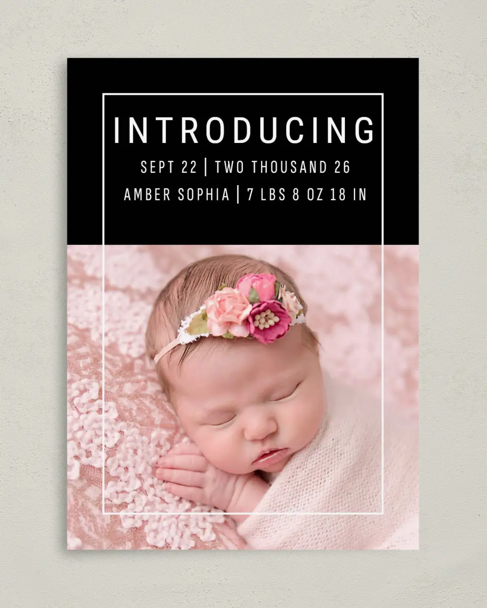 This is a 5" x 7" Birth Announcement Card called Boldly Adorable printed in full color on Premium Smooth paper