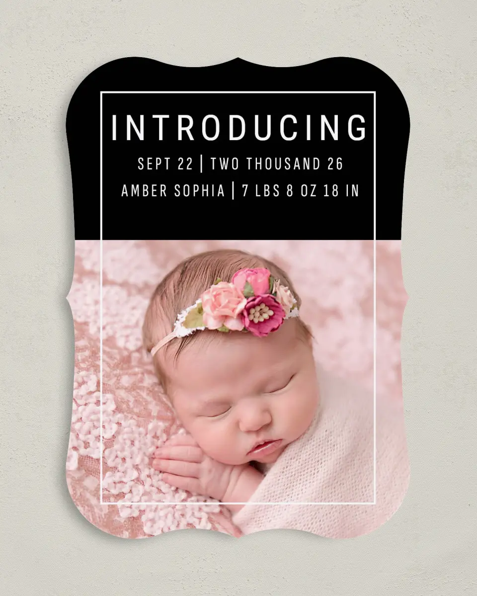 This is a 5" x 7" Birth Announcement Card called Boldly Adorable printed in full color on Premium Smooth paper