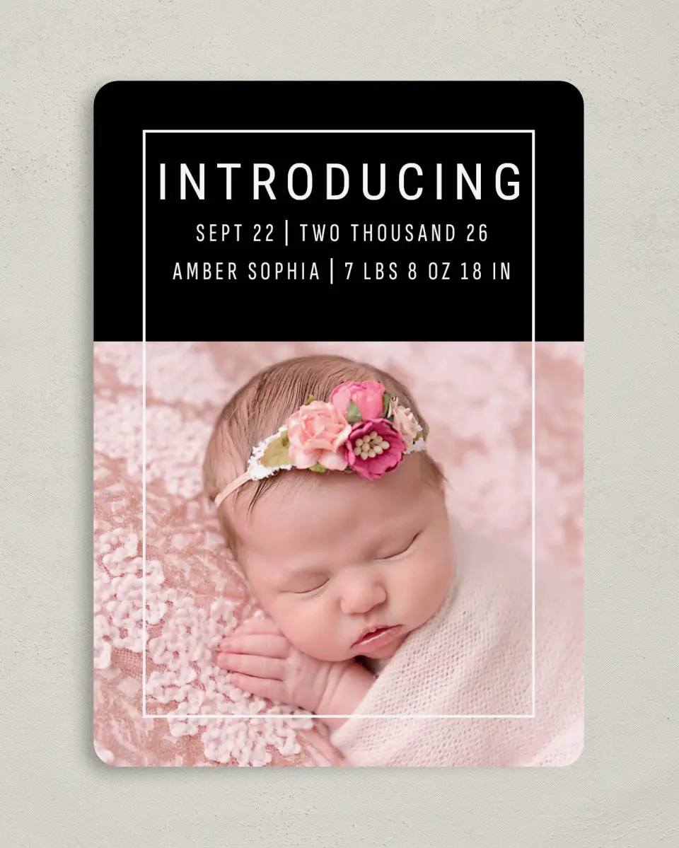 This is a 5" x 7" Birth Announcement Card called Boldly Adorable printed in full color with Silver foil on Luxe Satin (coated) paper