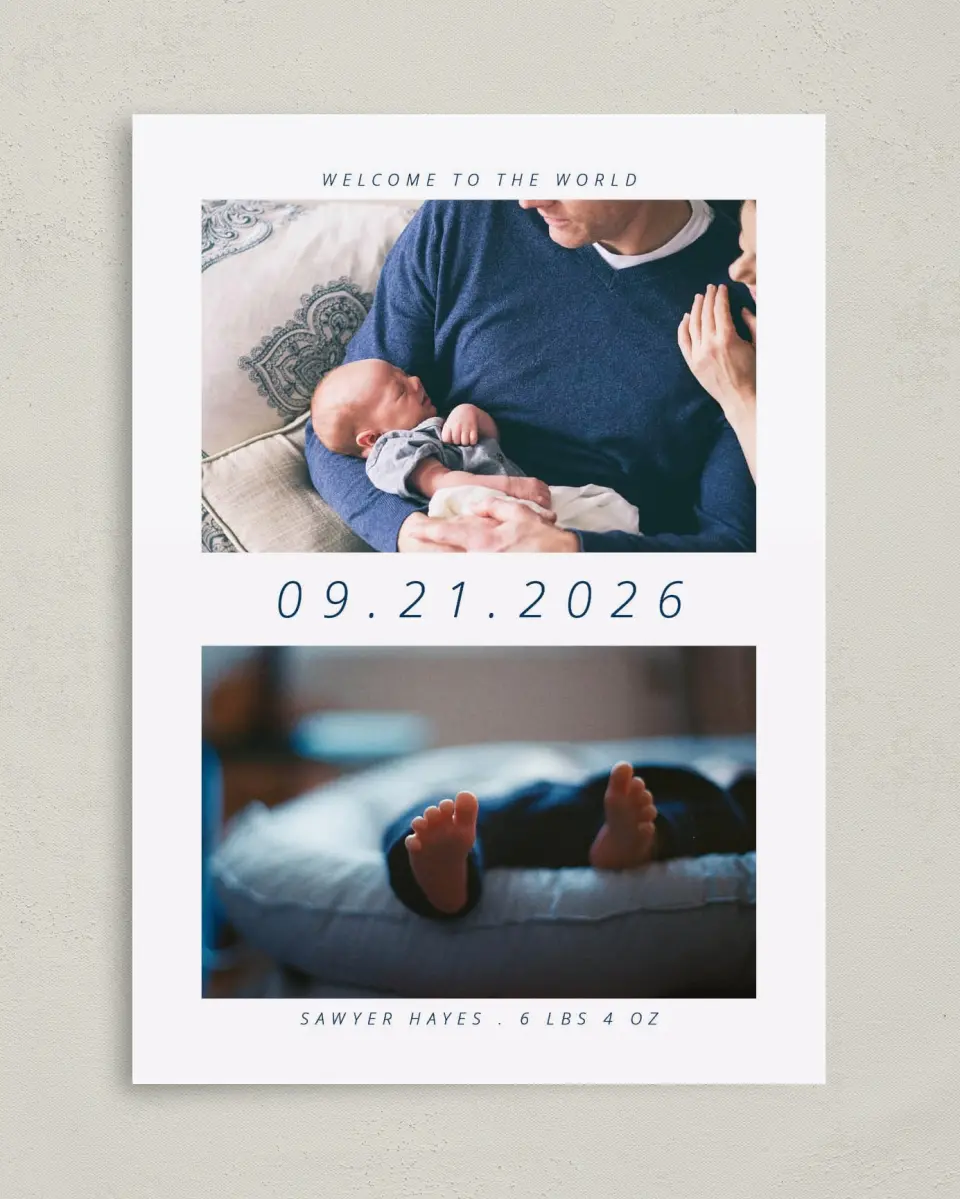 This is a 5" x 7" Birth Announcement Card called Whimsy Welcome printed in full color with Silver foil on Luxe Satin (coated) paper