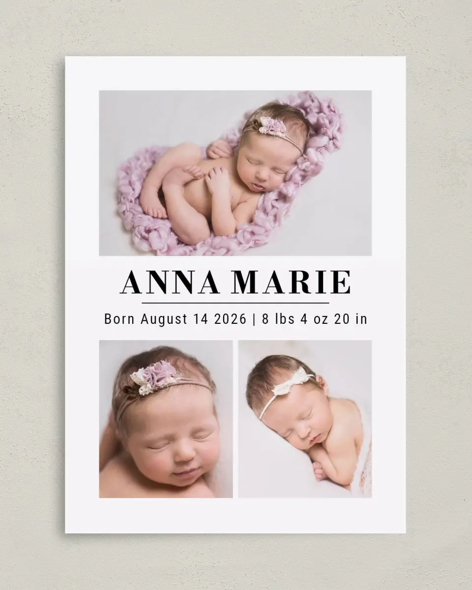 This is a 5" x 7" Birth Announcement Card called Charming Marble printed in full color with Silver foil on Luxe Satin (coated) paper