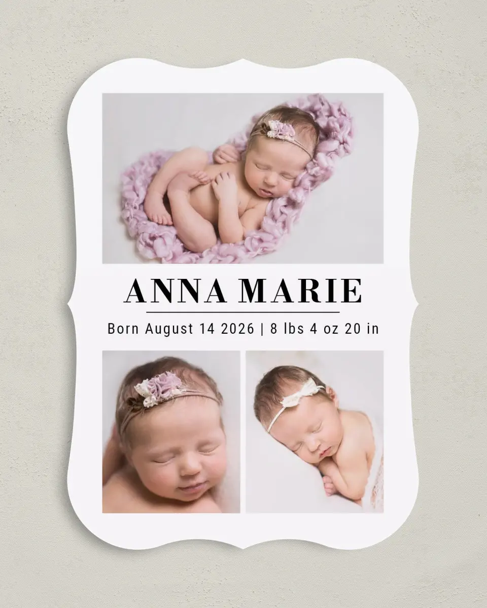 This is a 5" x 7" Birth Announcement Card called Charming Marble printed in full color on Premium Smooth paper