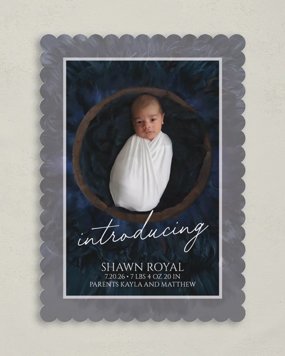 This is a 5" x 7" Birth Announcement Card called Framed Cuteness printed in full color on Premium Smooth paper