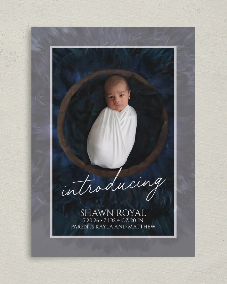 This is a 5" x 7" Birth Announcement Card called Framed Cuteness printed in full color on Premium Smooth paper
