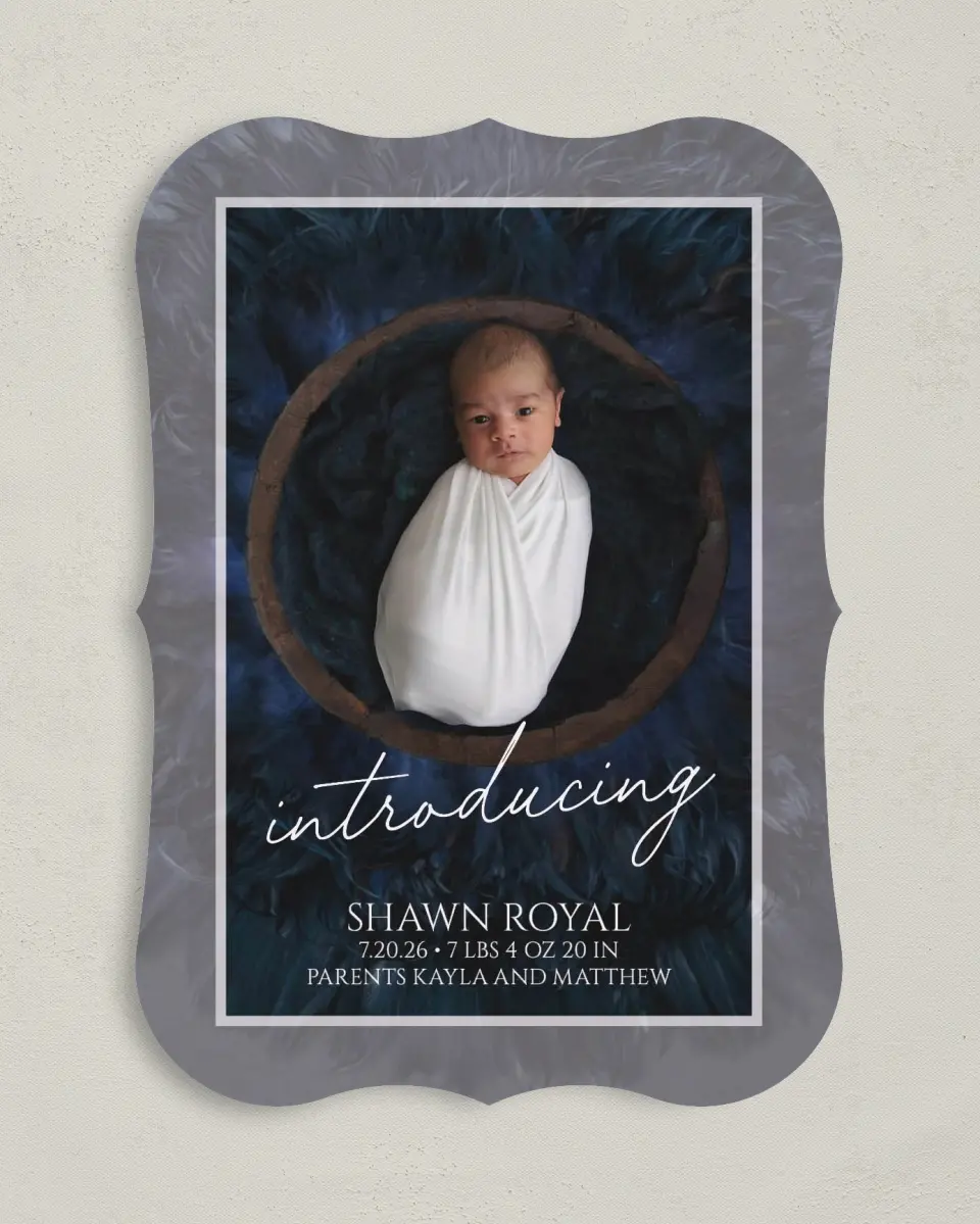 This is a 5" x 7" Birth Announcement Card called Framed Cuteness printed in full color on Premium Smooth paper