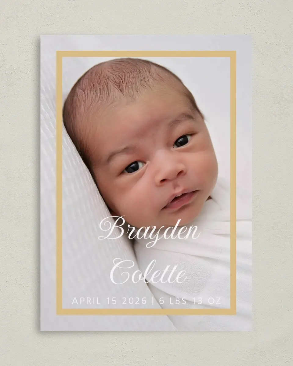 This is a 5" x 7" Birth Announcement Card called Sweetest Gift printed in full color with Silver foil on Luxe Satin (coated) paper
