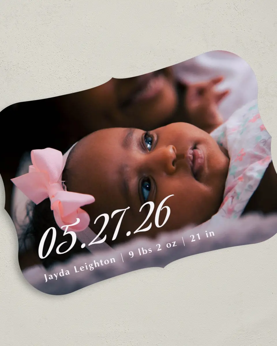 This is a 5" x 7" Birth Announcement Card called Our Joyful News printed in full color on Premium Smooth paper