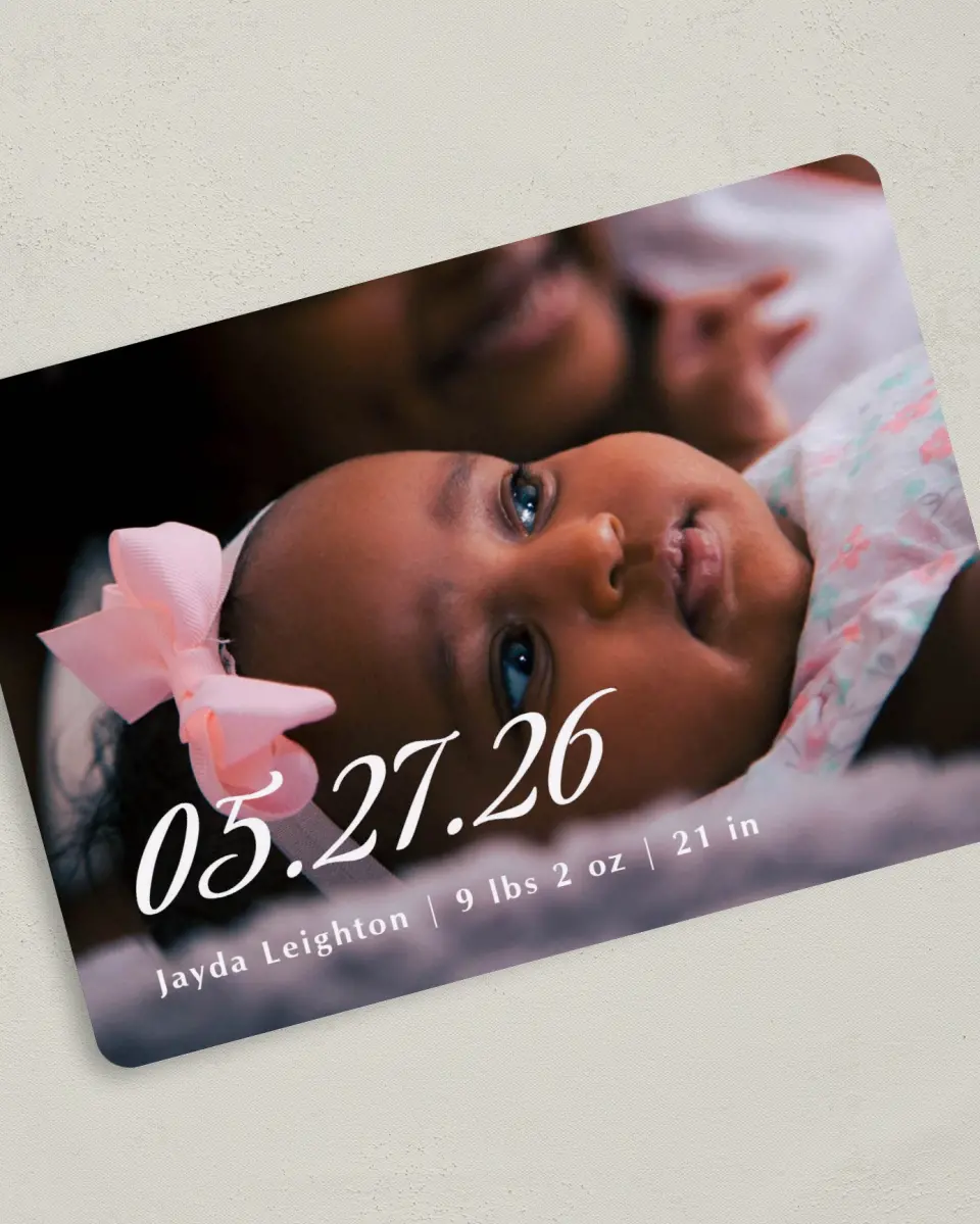 This is a 5" x 7" Birth Announcement Card called Our Joyful News printed in full color with Silver foil on Luxe Satin (coated) paper