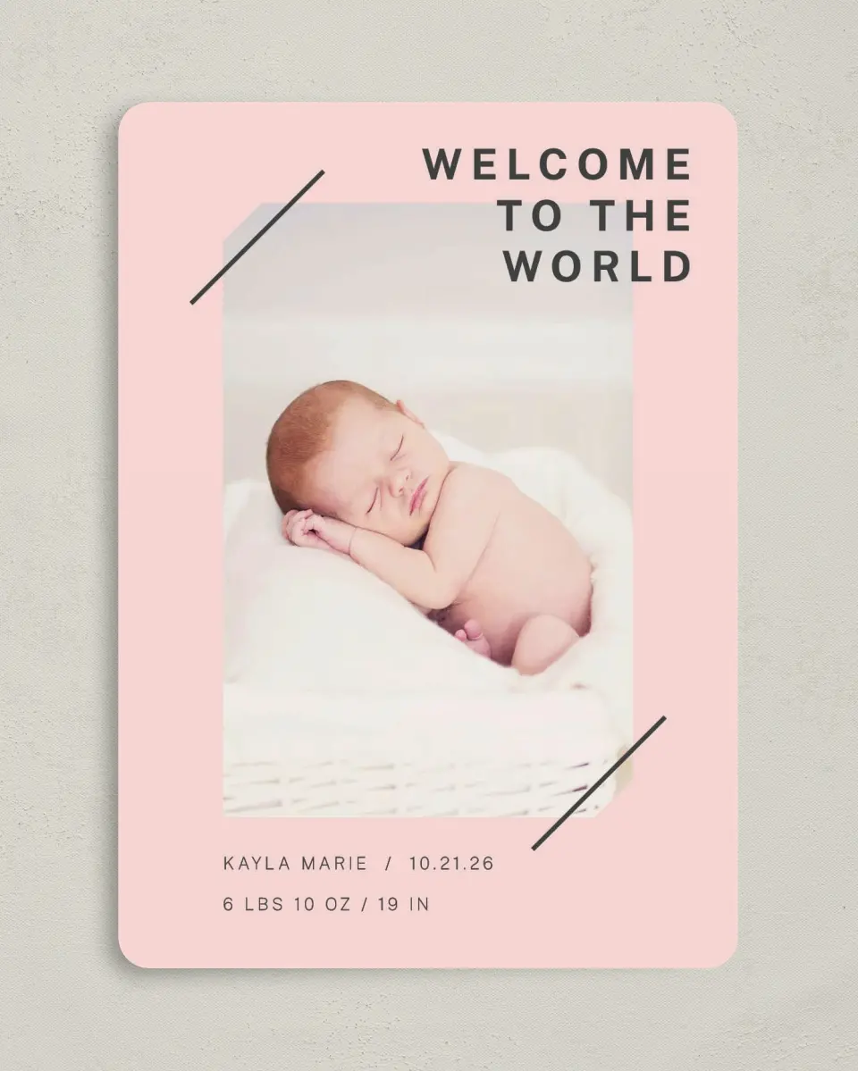 This is a 5" x 7" Birth Announcement Card called Modern Mini printed in full color with Silver foil on Luxe Satin (coated) paper