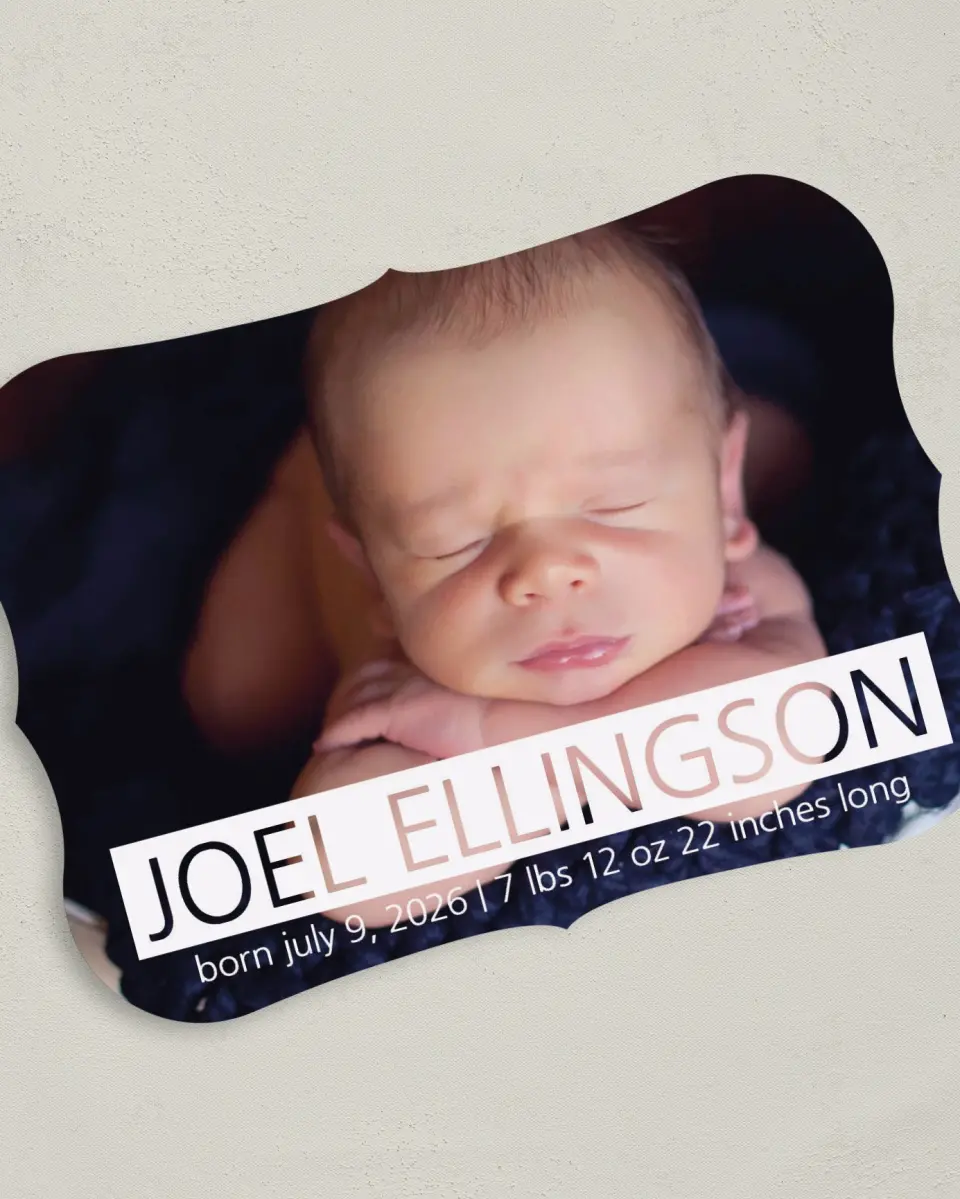 This is a 5" x 7" Birth Announcement Card called Pitter Patter Plaid printed in full color on Premium Smooth paper