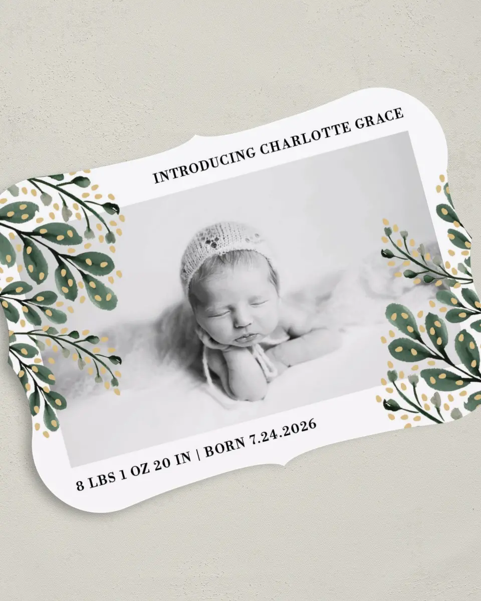 This is a 5" x 7" Birth Announcement Card called Laurel Love printed in full color on Premium Smooth paper