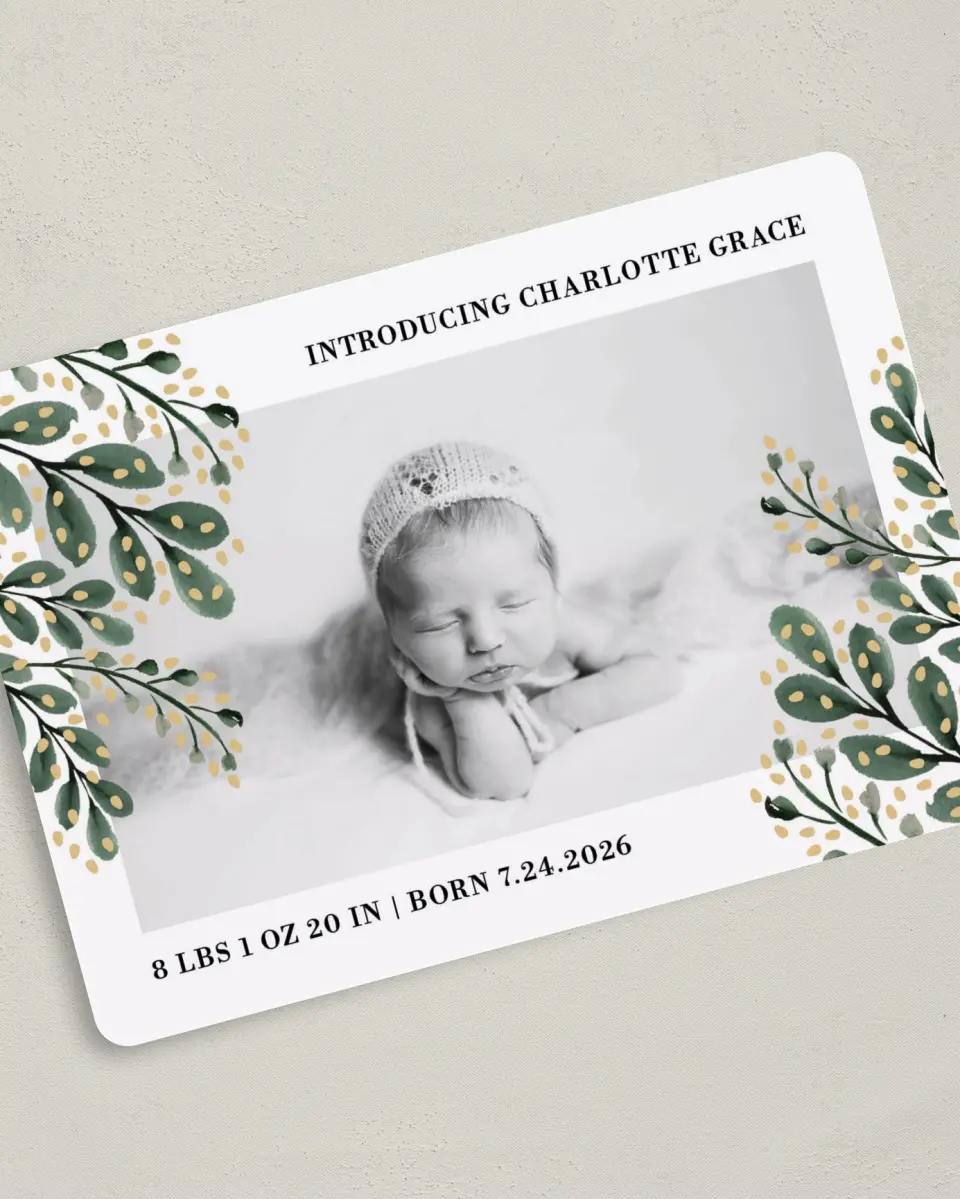 This is a 5" x 7" Birth Announcement Card called Laurel Love printed in full color on Premium Smooth paper