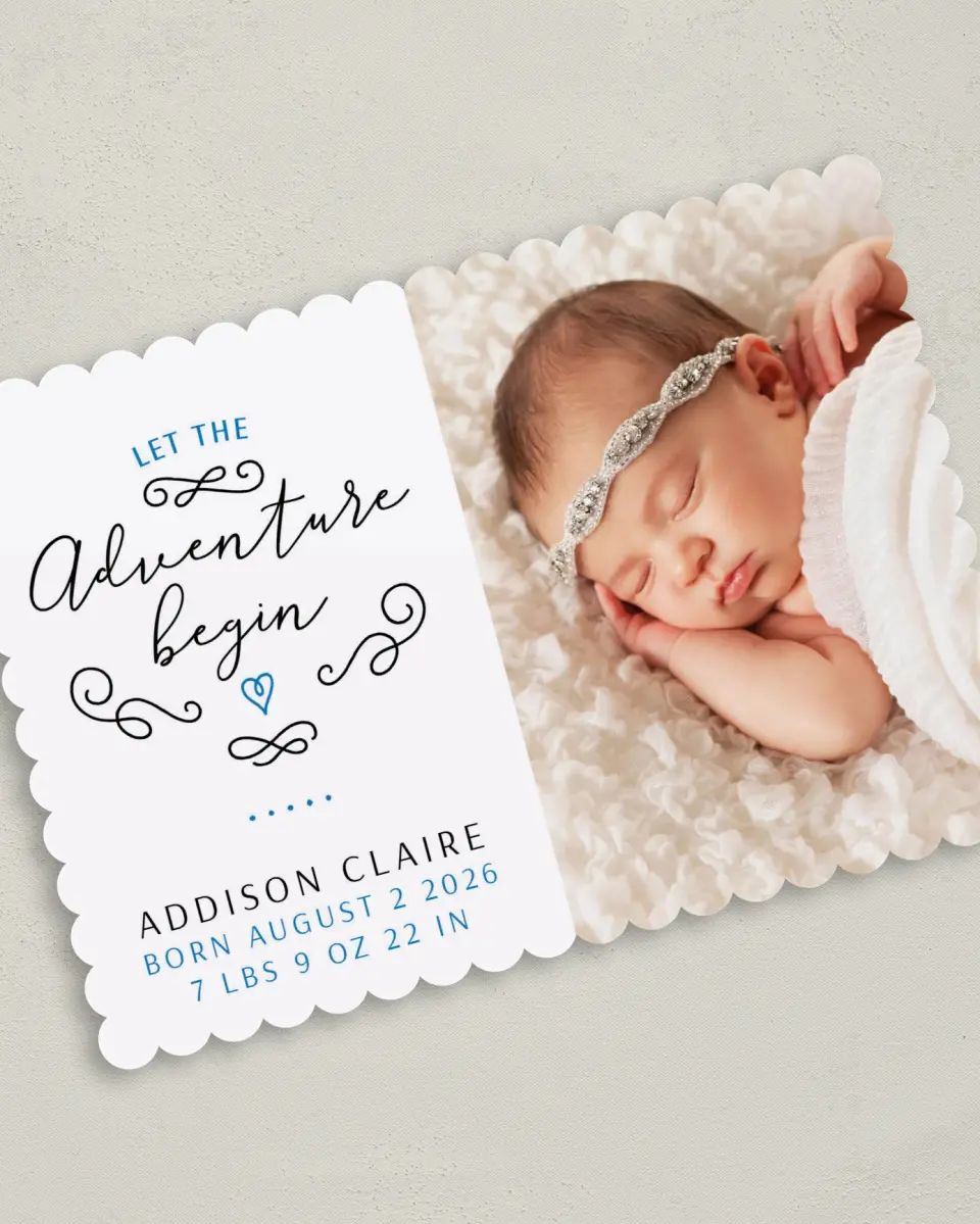 This is a 5" x 7" Birth Announcement Card called Adventurous Dream printed in full color on Premium Smooth paper