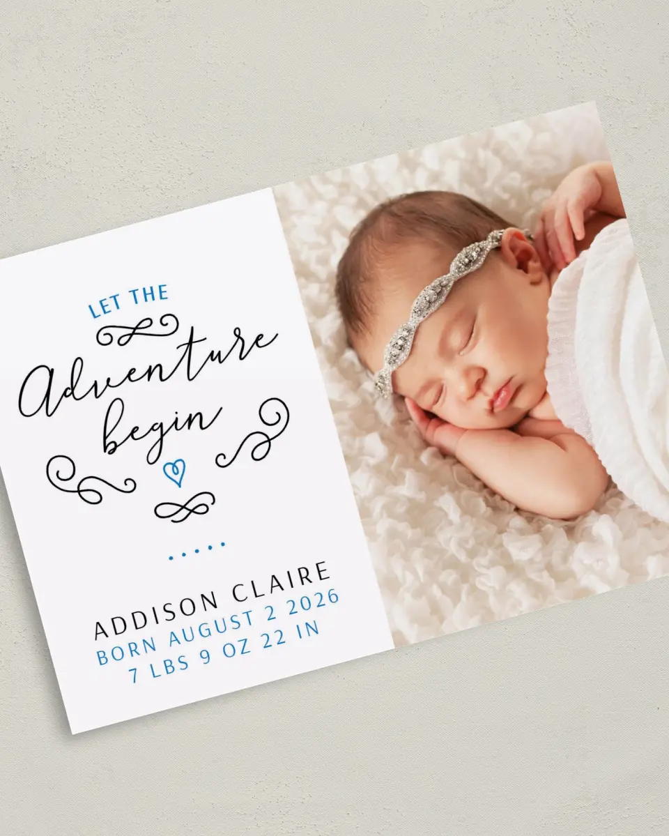 This is a 5" x 7" Birth Announcement Card called Adventurous Dream printed in full color with Silver foil on Luxe Satin (coated) paper