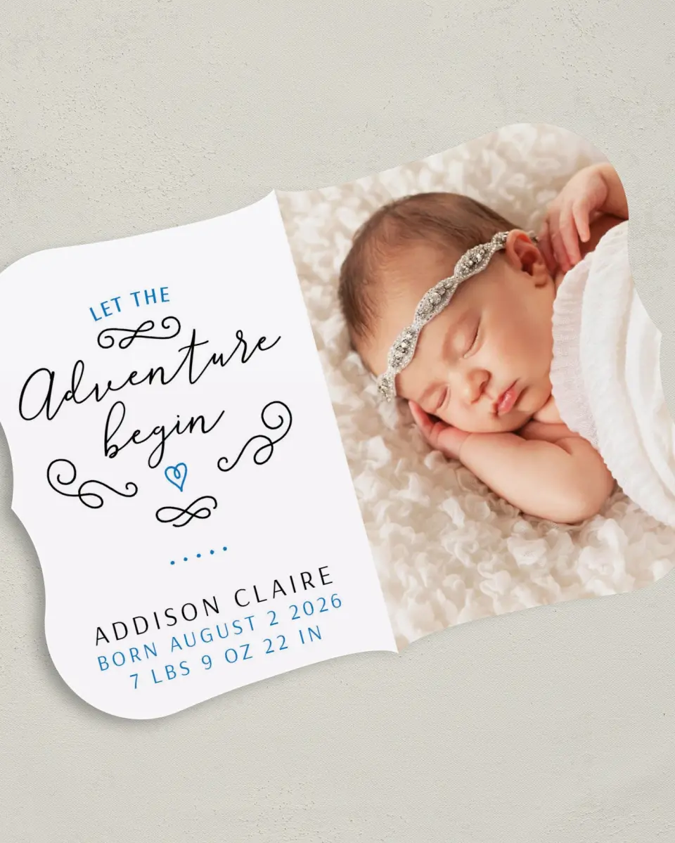 This is a 5" x 7" Birth Announcement Card called Adventurous Dream printed in full color on Premium Smooth paper