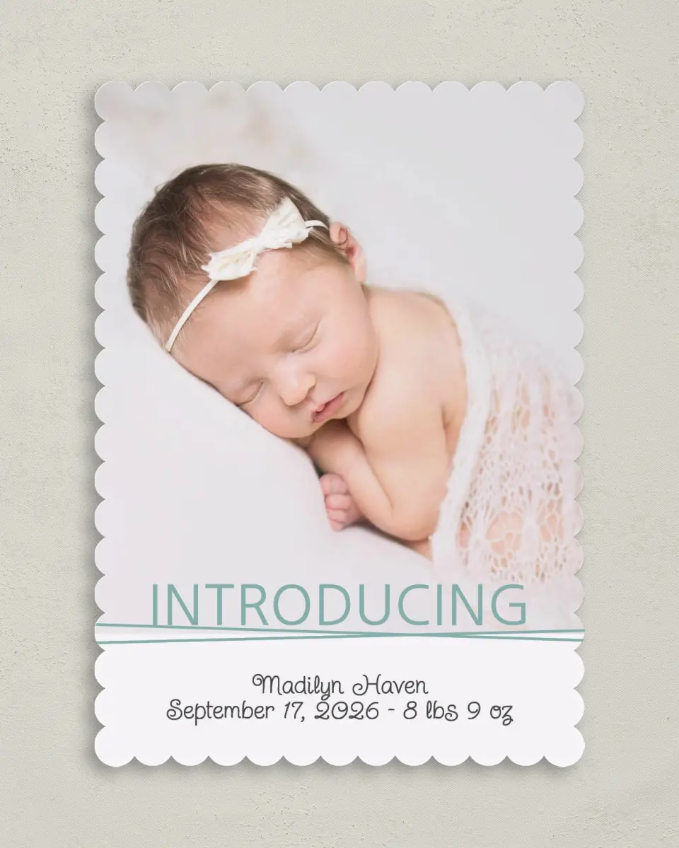 This is a 5" x 7" Birth Announcement Card called Delicate Dreamer printed in full color on Premium Smooth paper